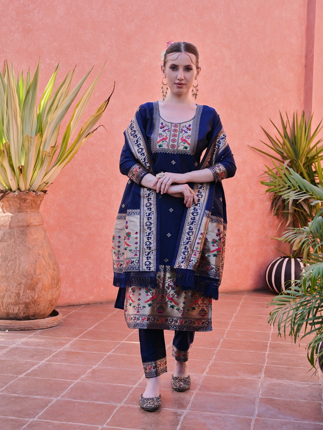 

ZARIMO Ethnic Motifs Pure Silk Unstitched Dress Material, Navy blue
