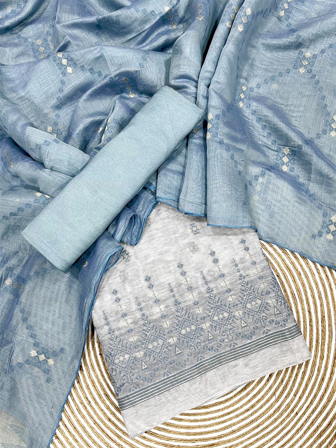 

ZARIMO Floral Woven Design Linen Unstitched Dress Material, Teal
