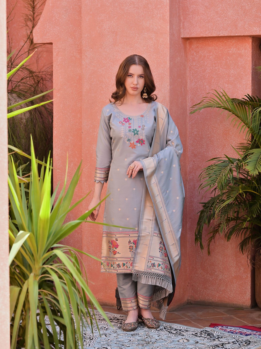 

ZARIMO Ethnic Motifs Woven Design Zari Pure Silk Unstitched Dress Material, Grey