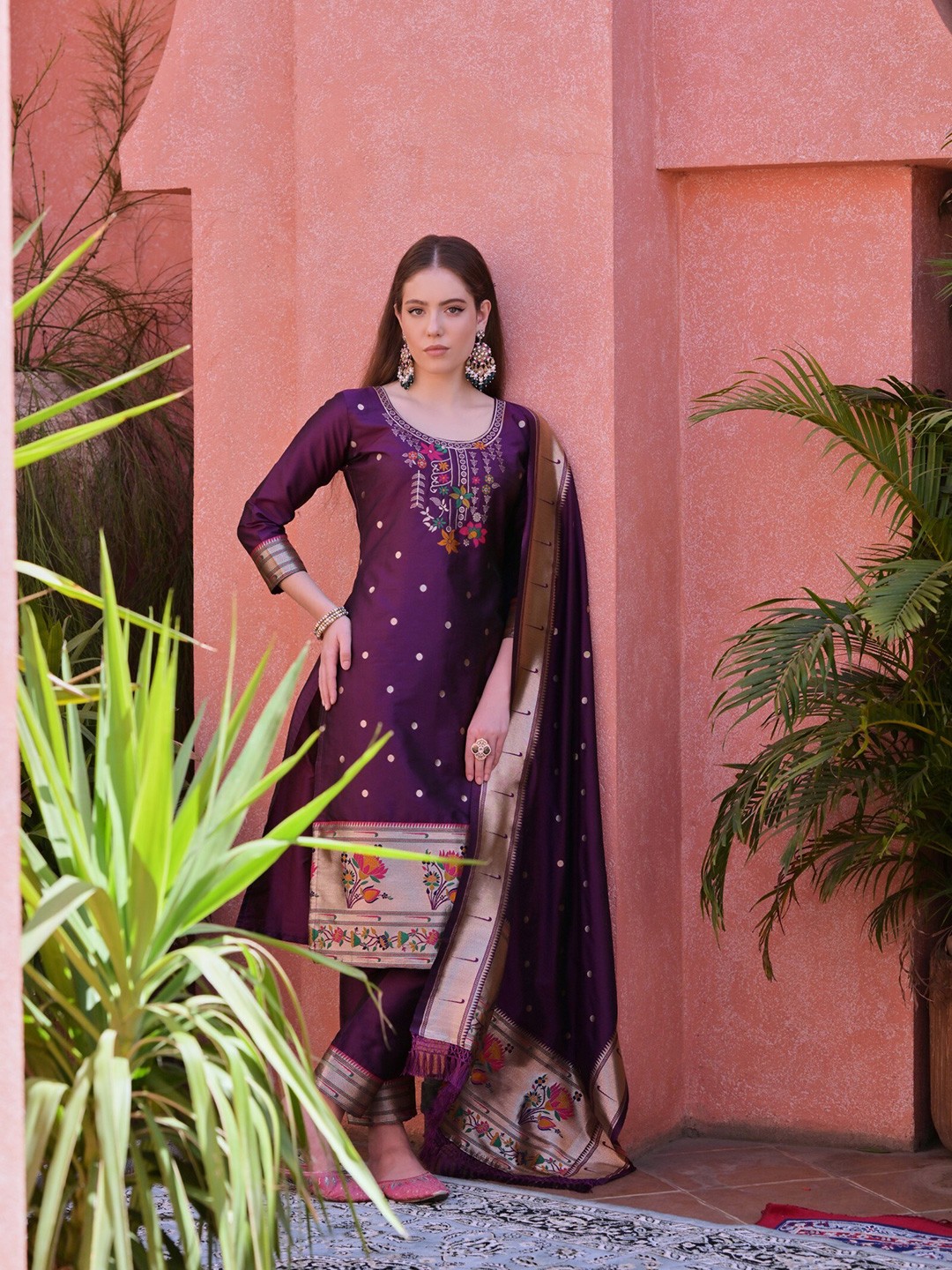 

ZARIMO Ethnic Motifs Woven Design Zari Pure Silk Unstitched Dress Material, Burgundy