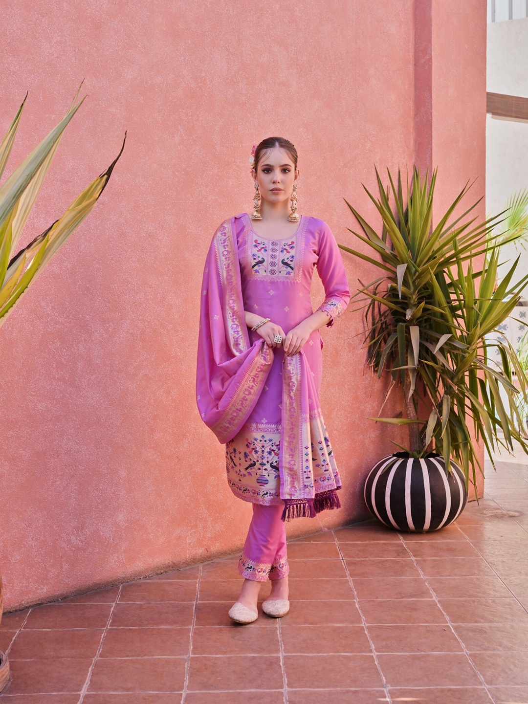 

ZARIMO Ethnic Motifs Woven Design Zari Pure Silk Unstitched Dress Material, Purple