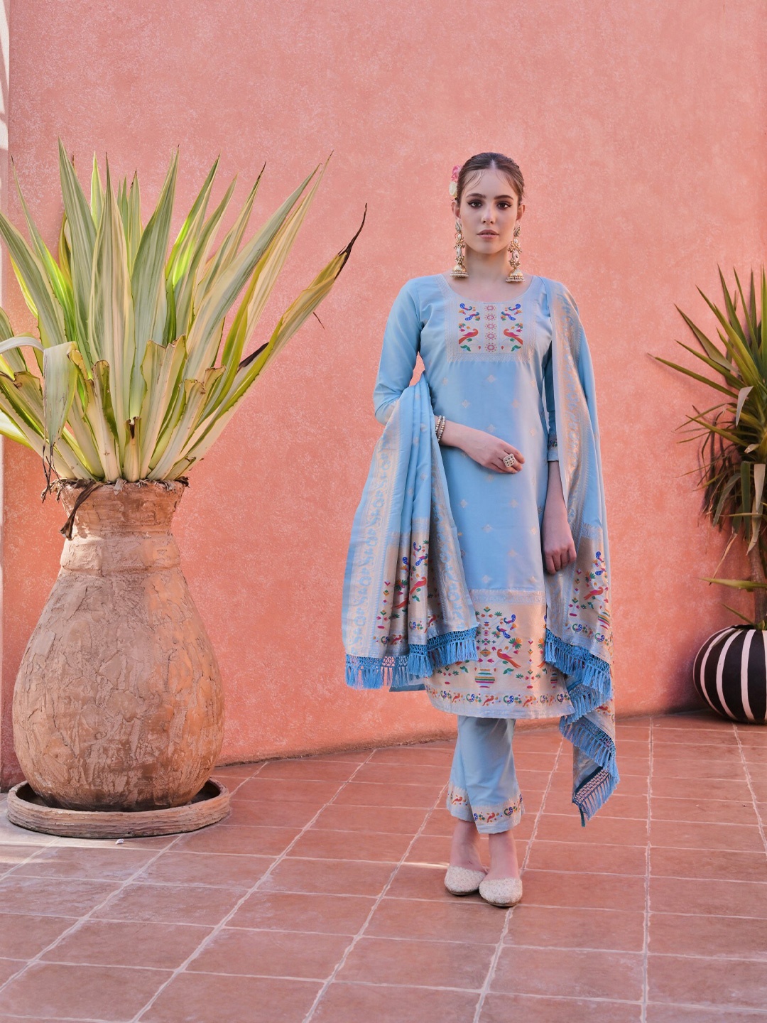 

ZARIMO Pure Silk Unstitched Dress Material, Turquoise blue