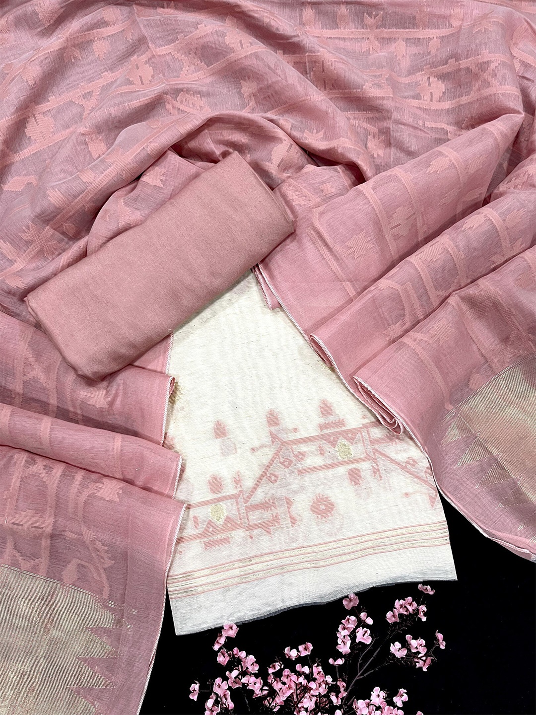 

ZARIMO Ethnic Motifs Woven Design Linen Unstitched Dress Material, Pink