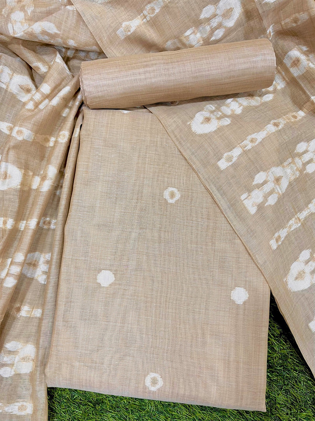 

ZARIMO Ikat Printed Pure Cotton Unstitched Dress Material, Beige