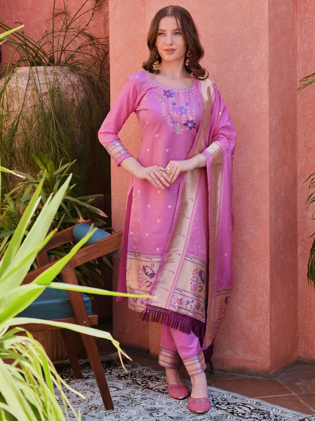 

ZARIMO Ethnic Motifs Pure Silk Unstitched Dress Material, Taupe