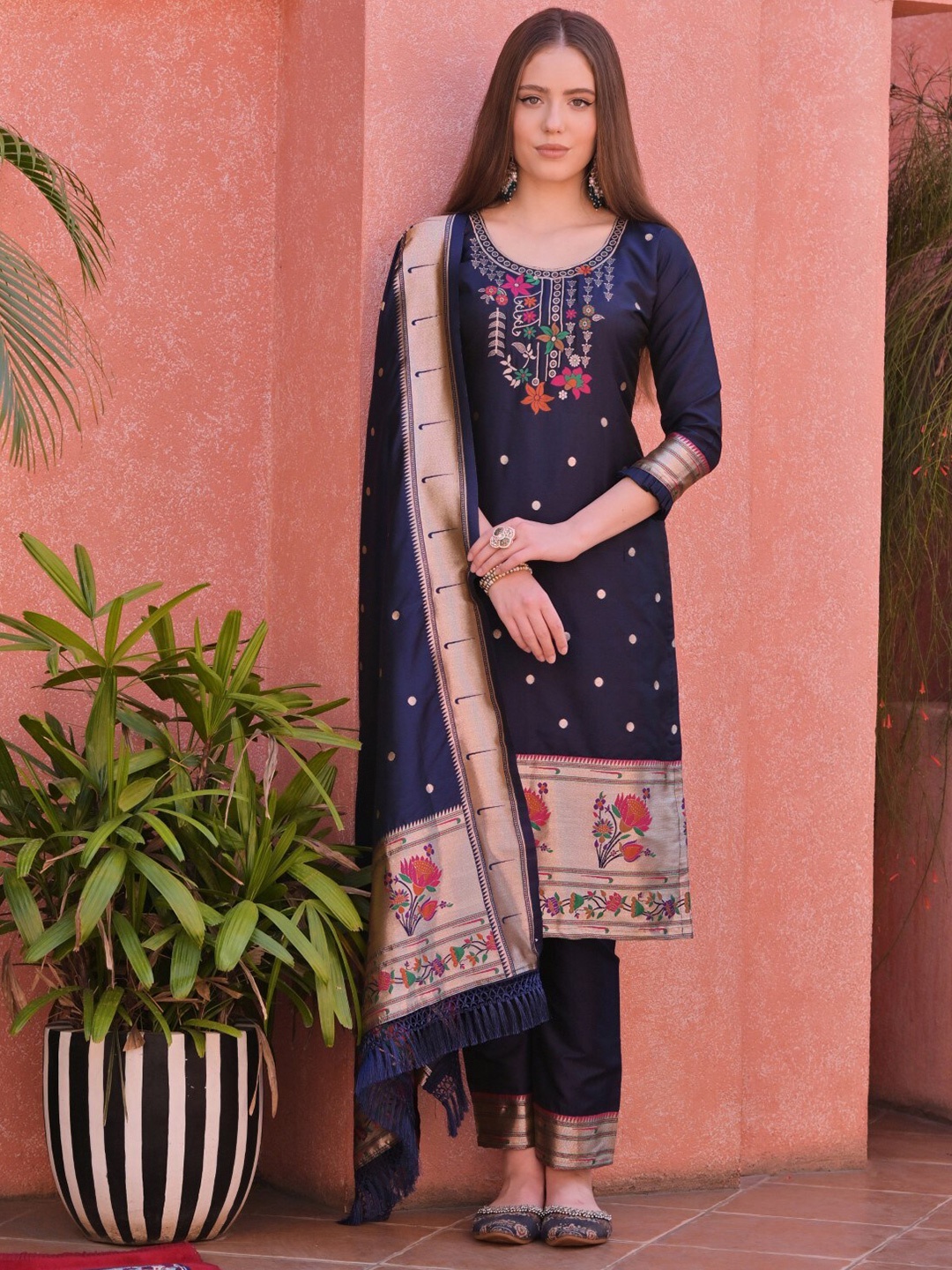 

ZARIMO Pure Silk Unstitched Dress Material, Navy blue