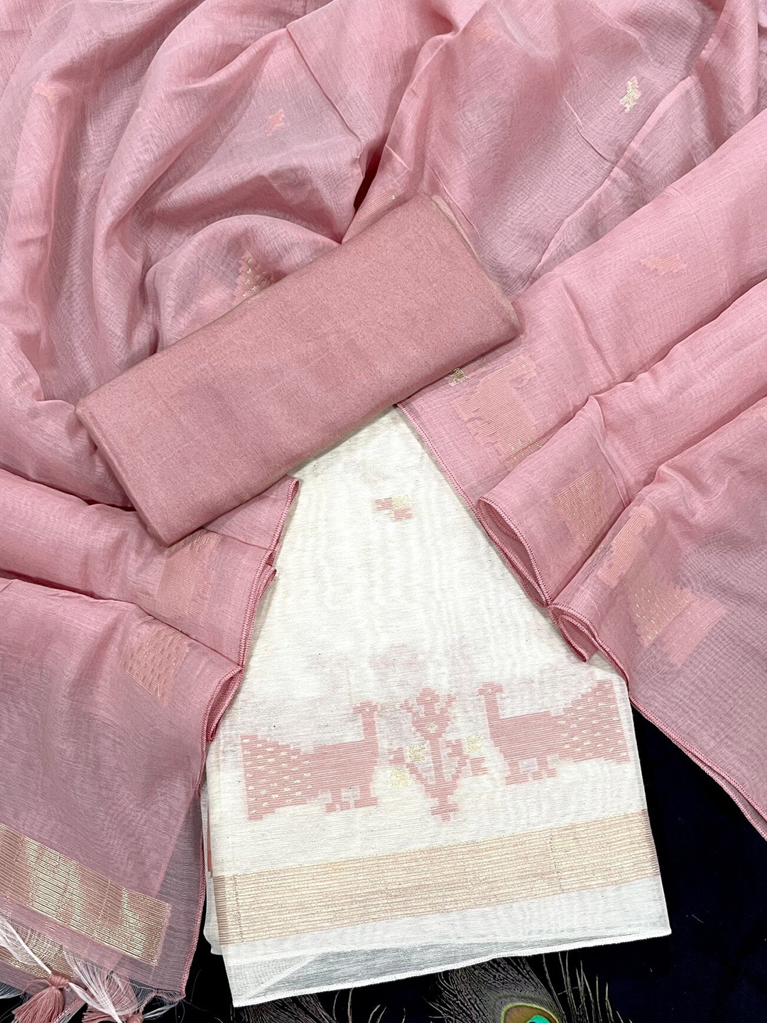 

ZARIMO Ethnic Motifs Woven Design Zari Linen Unstitched Dress Material, Pink