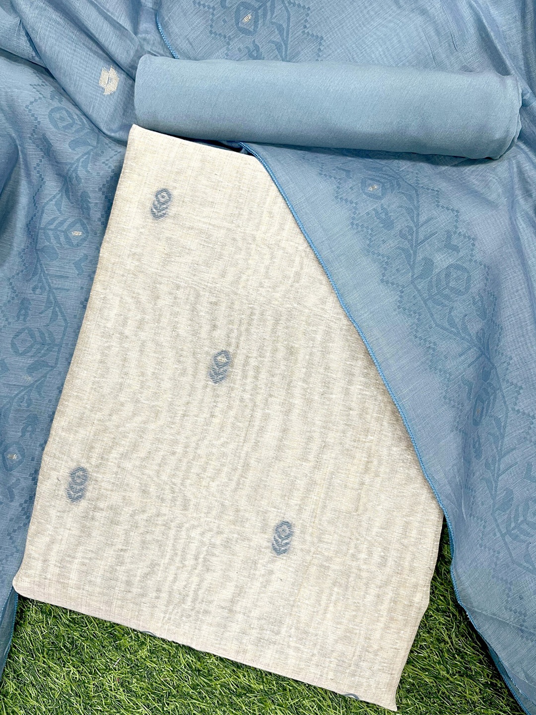

ZARIMO Ethnic Motifs Woven Design Linen Unstitched Dress Material, Blue