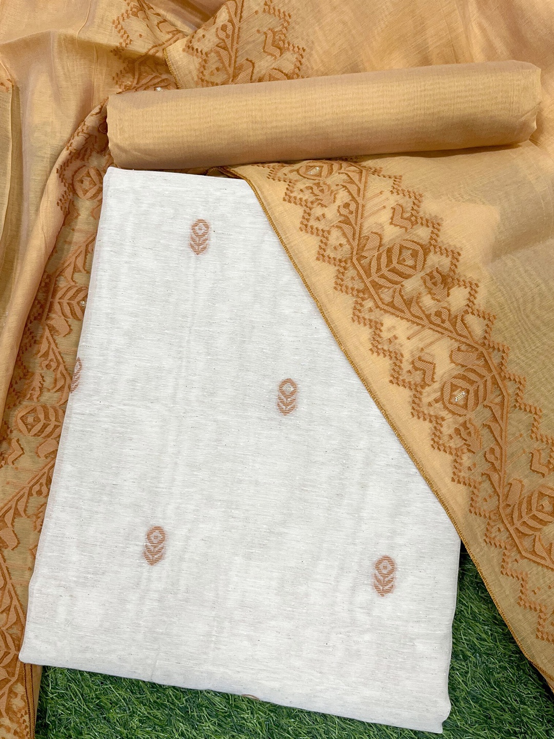 

ZARIMO Ethnic Motifs Woven Design Linen Unstitched Dress Material, Mustard