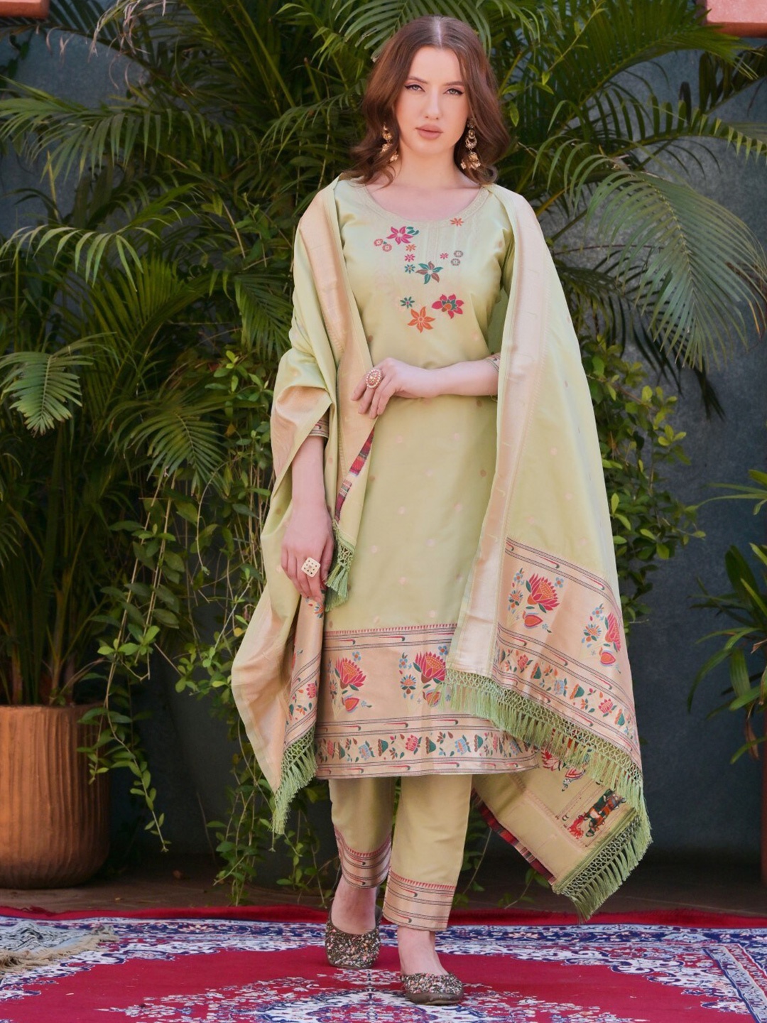 

ZARIMO Ethnic Motifs Pure Silk Unstitched Dress Material, Lime green