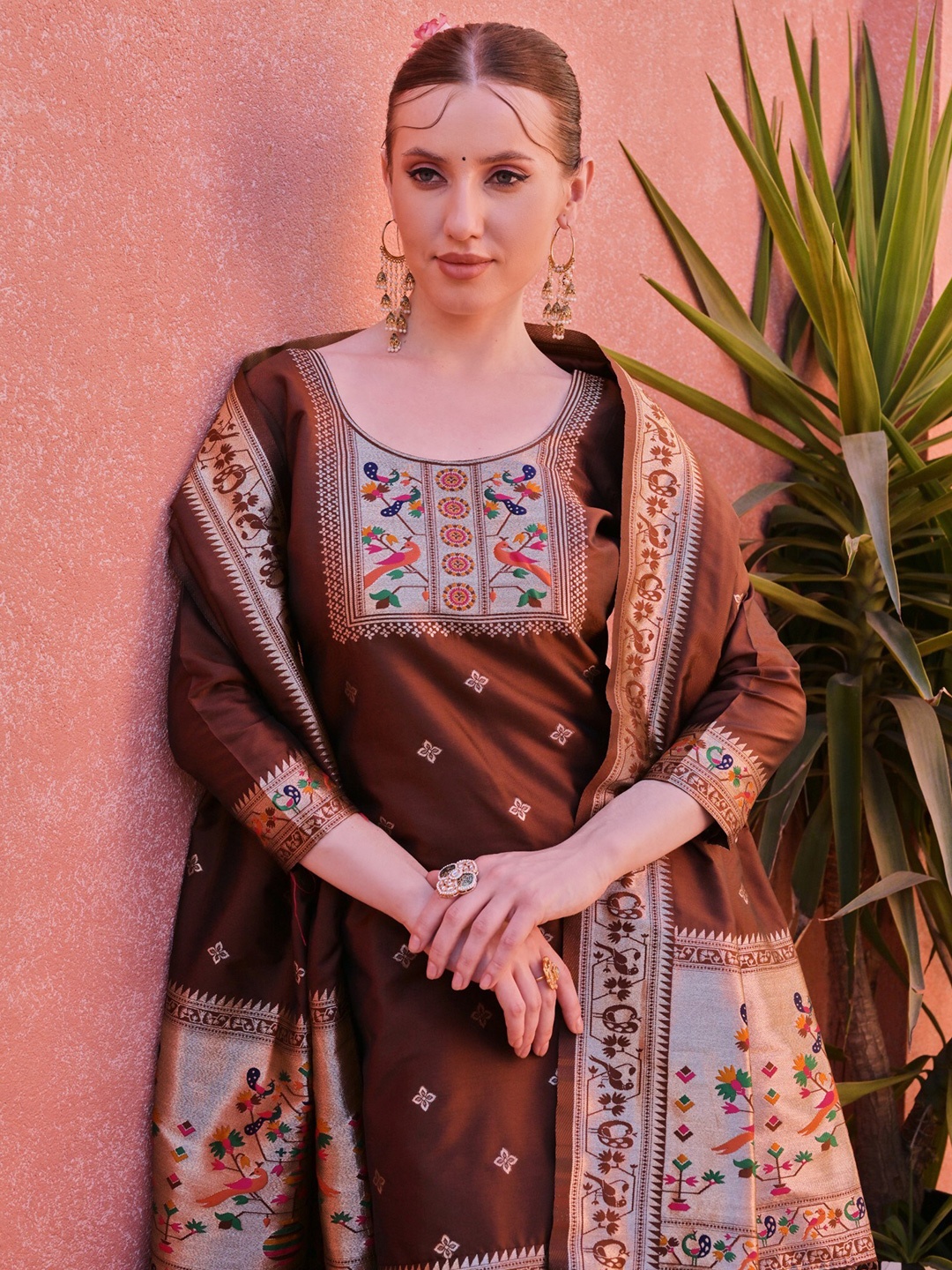 

ZARIMO Pure Silk Unstitched Dress Material, Coffee brown