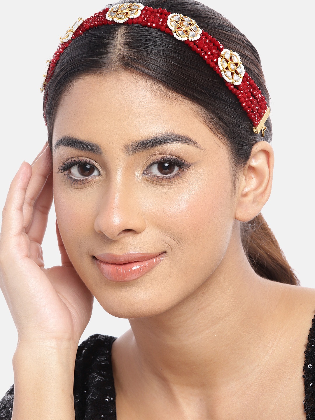 

Anouk Gold-Plated Artificial Stones and Beads Studded Matha Patti Head Jewellery, Red