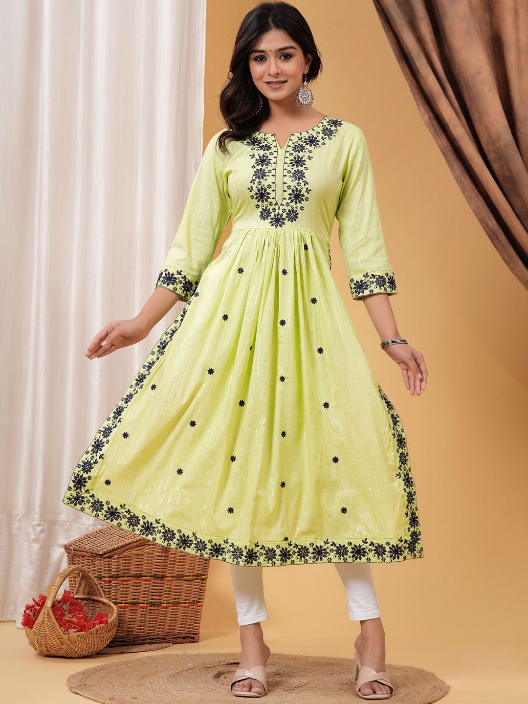 

Light Daisy Notch Neck Ethnic Motifs Embroidered Thread Work Anarkali Kurta, Yellow
