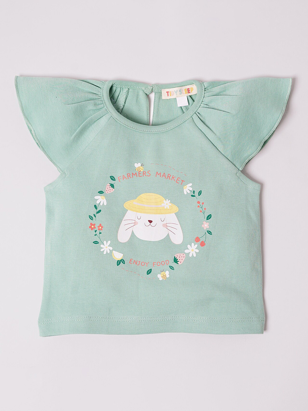 

TIDY SLEEP Girls Graphic Printed Flutter Sleeve Cotton Top, Green