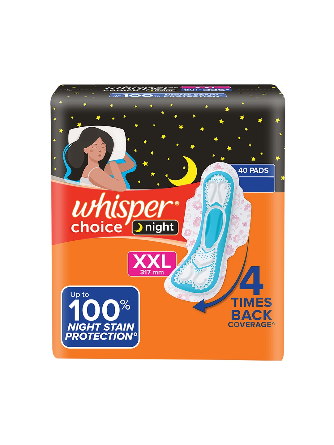 

Whisper Choice Nights XXL Sanitary Pads with Night Stain Protection - 40-Pcs, Orange