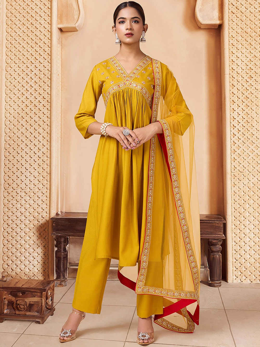 

House of Pataudi Embroidered Pleated Sequinned Straight Kurta With Trousers & Dupatta, Mustard