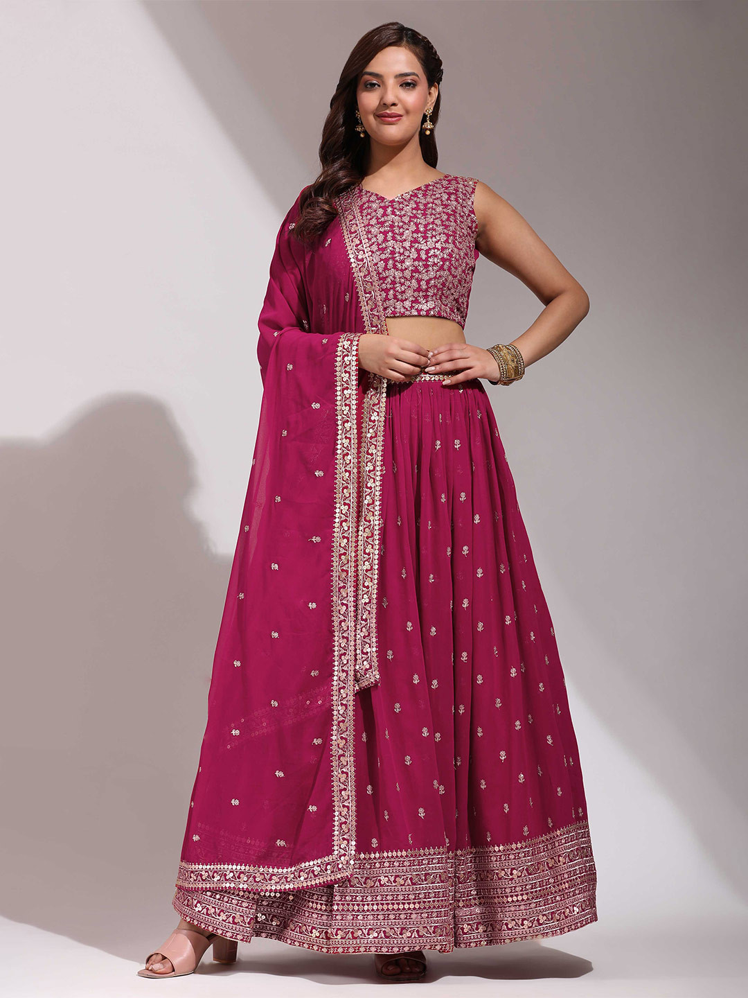 

Fabcartz Embellished Silk Georgette Semi Stitched Lehenga & Unstitched Blouse With Dupatta, Pink