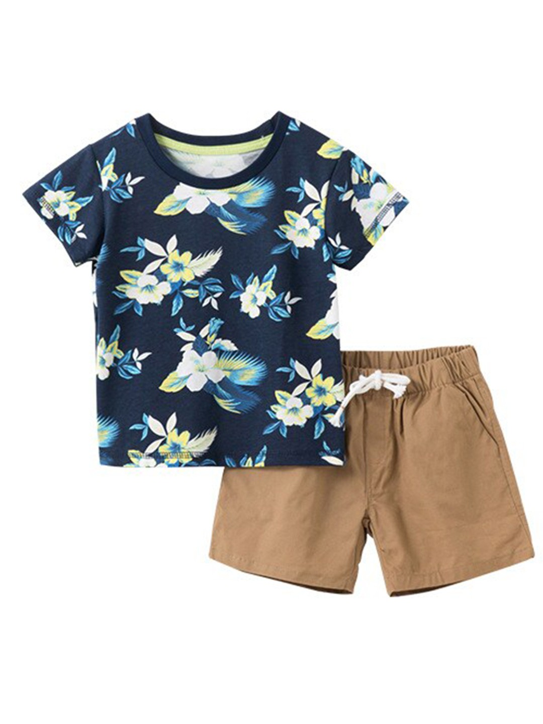 

StyleCast Boys Navy Blue & Beige Round Neck Short Sleeves Printed T-shirt with Shorts