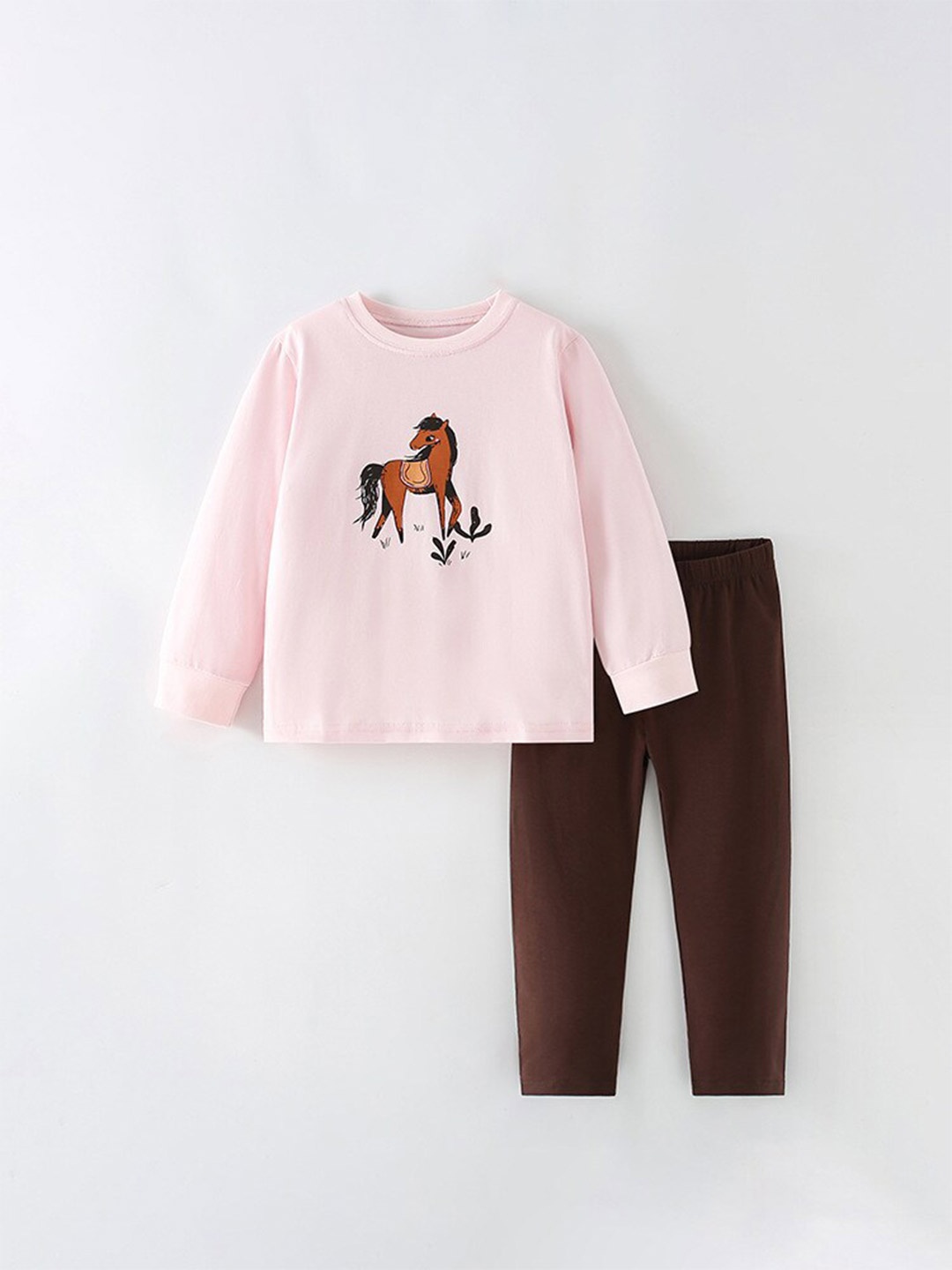

StyleCast Girls Pink & Brown Round Neck Printed Top with Pyjamas