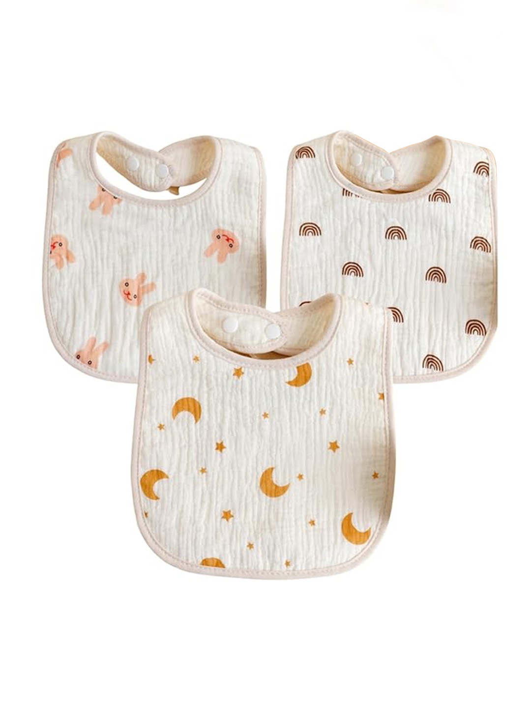 

GUCHIGU Infants Pack Of 3 Printed Pure Cotton Bibs, Off white