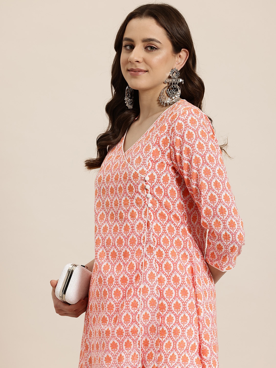 

HERE&NOW Floral Printed Angarakha Pure Cotton Kurta, Orange