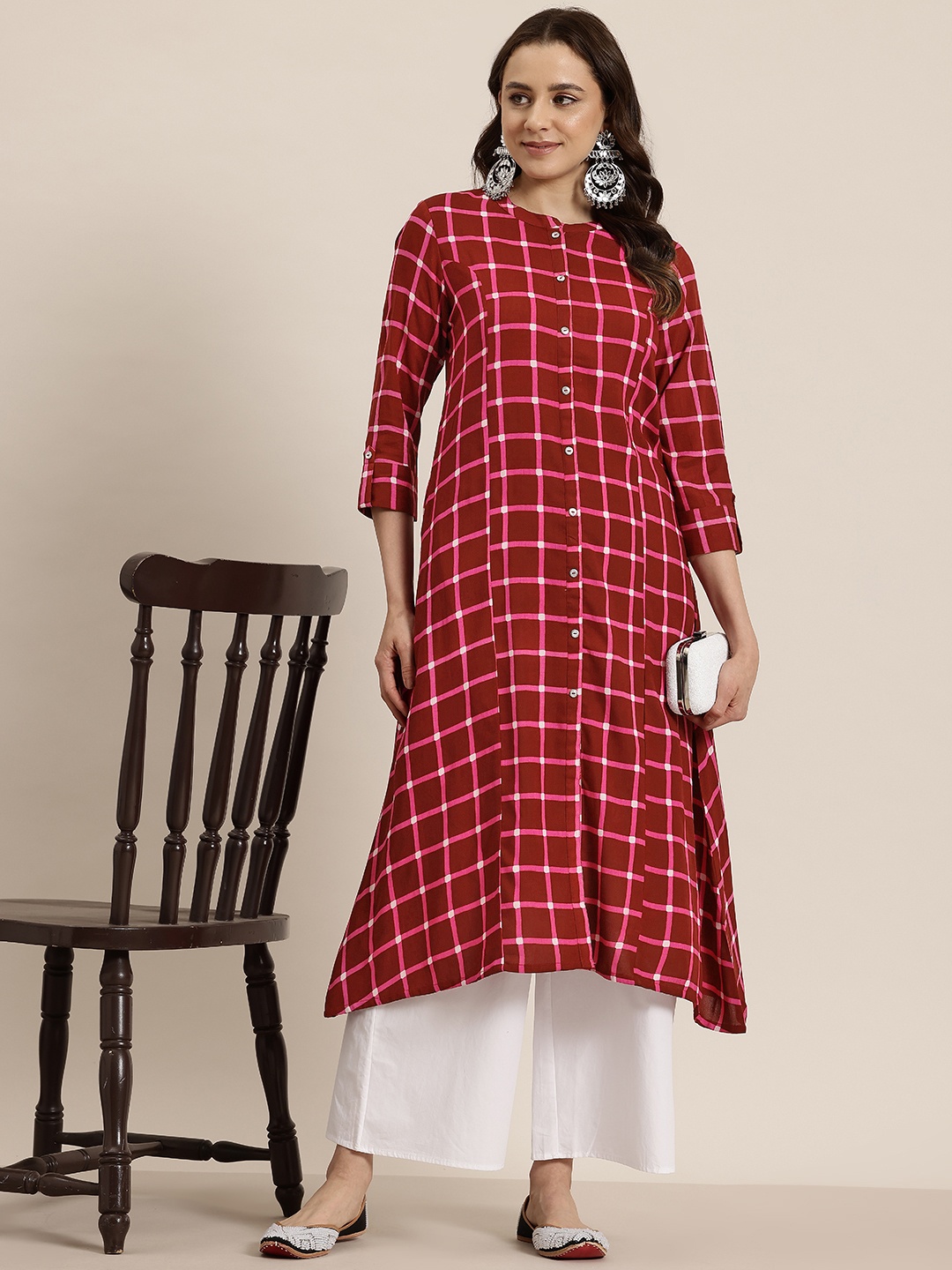

HERE&NOW Checked Kurta, Maroon