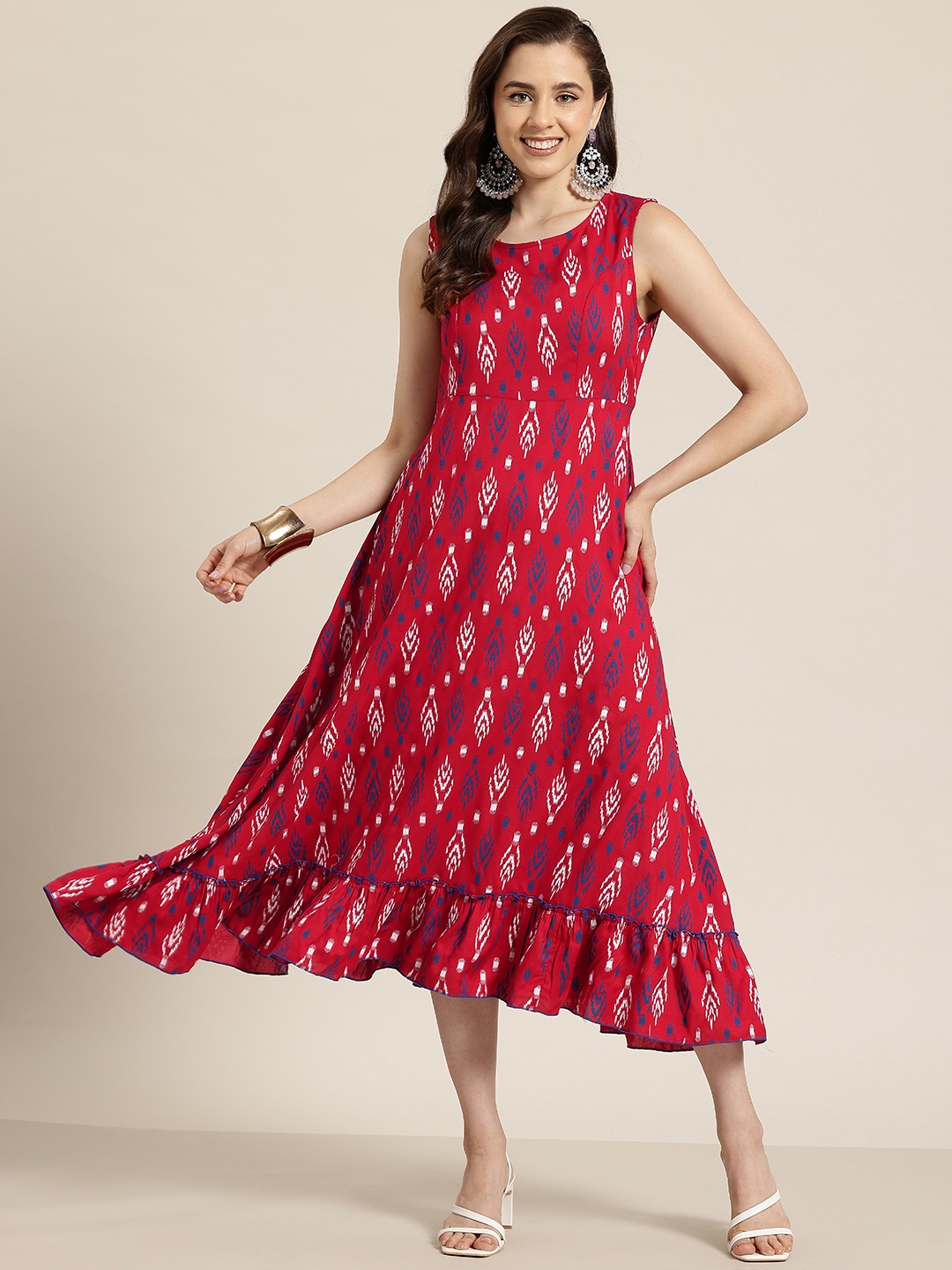 

HERE&NOW Women Abstract Printed A-Line Midi Ethnic Dress, Maroon