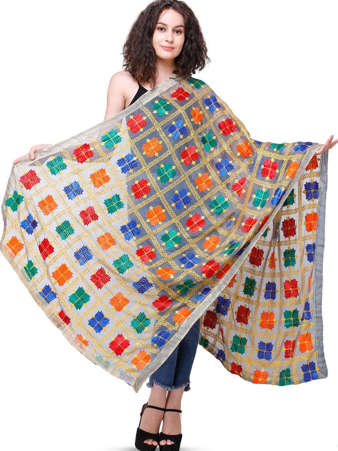 

Exotic India Tourmaline Phulkari Chiffon Dupatta with Embroidery All-Over, Blue