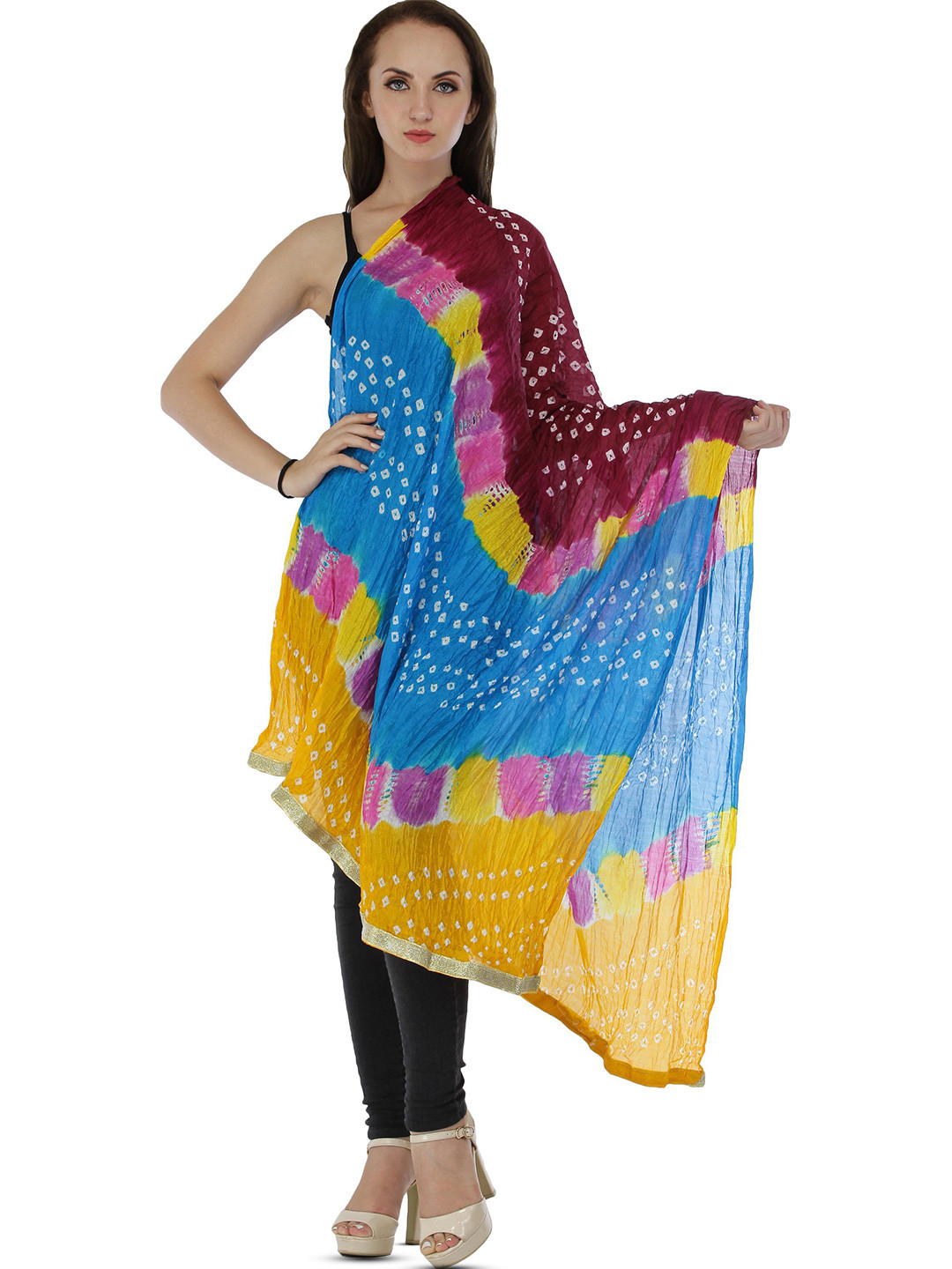 

Exotic India Bandhani Multicolored Tie-Dye Crinkled Silk Dupatta with Gota Border, Blue