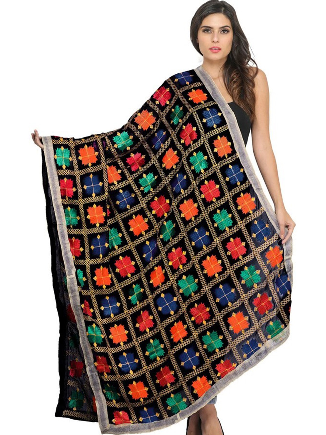 

Exotic India Caviar Black Phulkari Chiffon Dupatta with Embroidery All-Over
