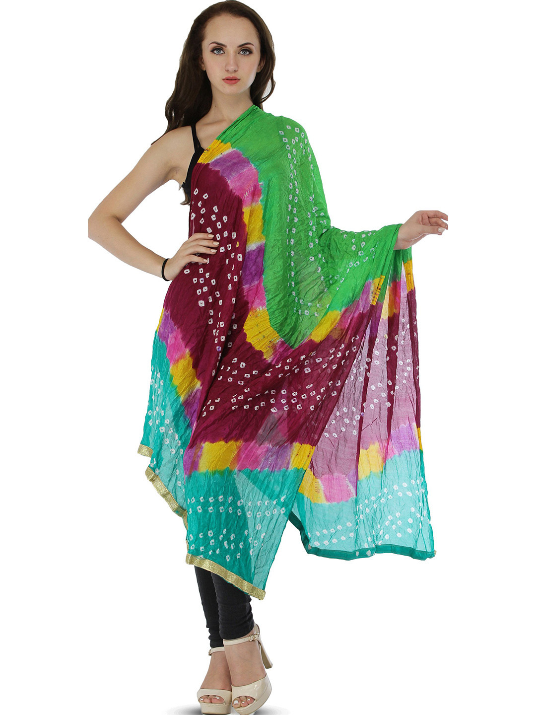

Exotic India Bandhani Multicolored Tie-Dye Crinkled Silk Dupatta with Gota Border, Green