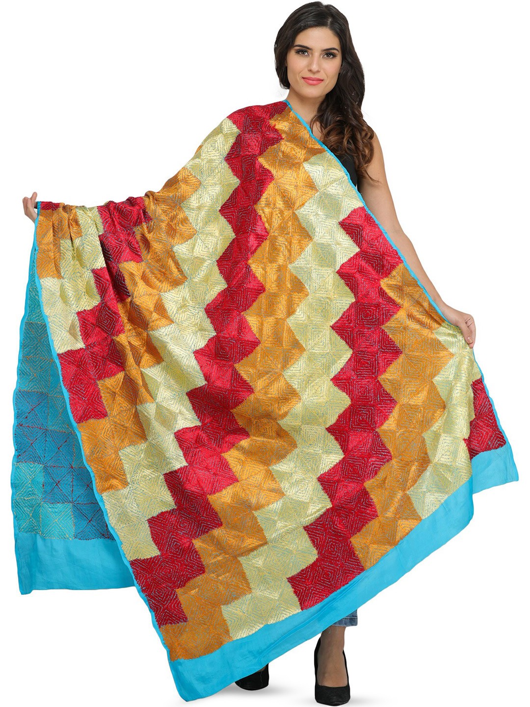 

Exotic India Phulkari Hand-Embroidered Chiffon Dupatta, Red