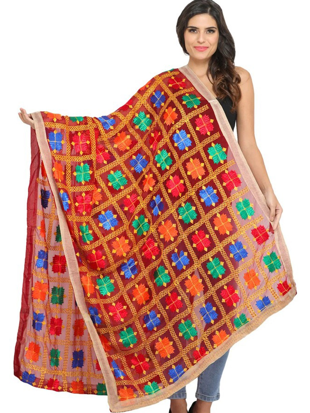 

Exotic India Ruby Wine Phulkari Chiffon Dupatta with Embroidery All-Over, Red