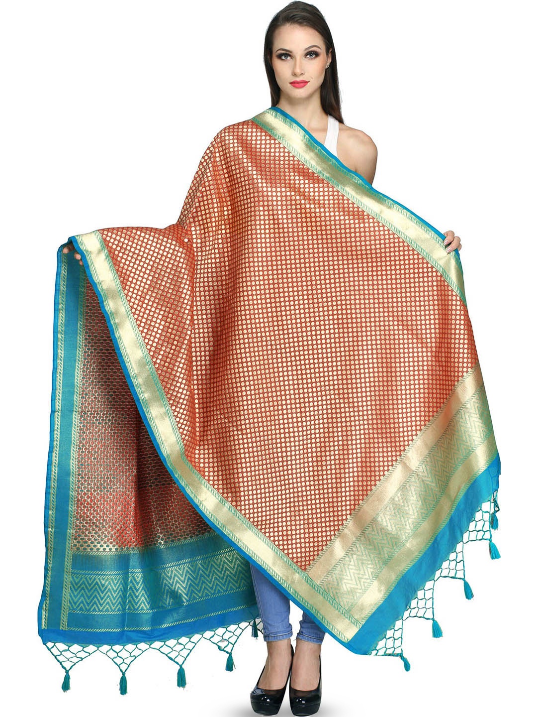 

Exotic India Woven Designed Silk Dupatta with Zari, Maroon