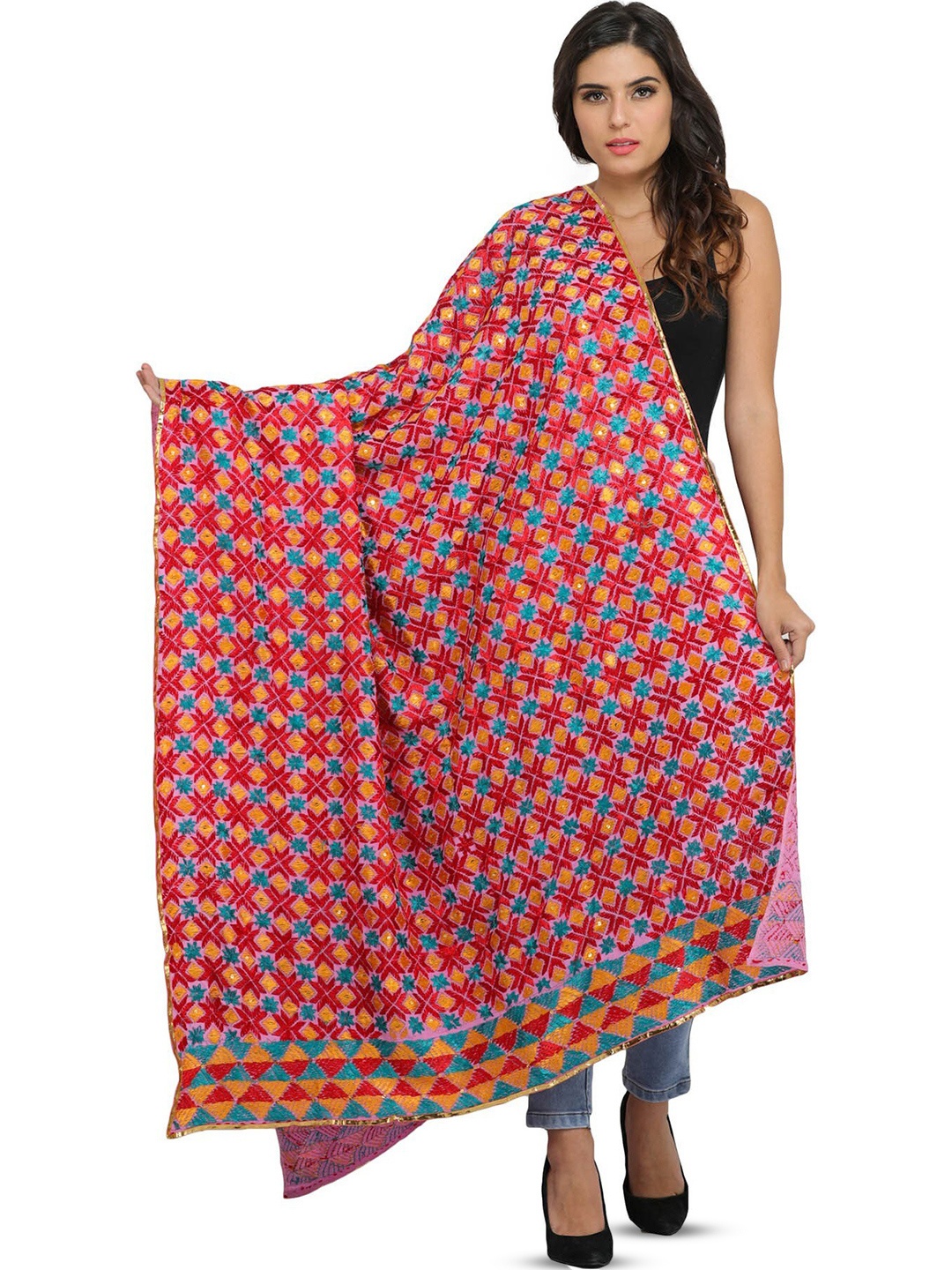 

Exotic India Phulkari Extra-Wide Chiffon Dupatta with Embroidery All-Over and Sequins, Pink