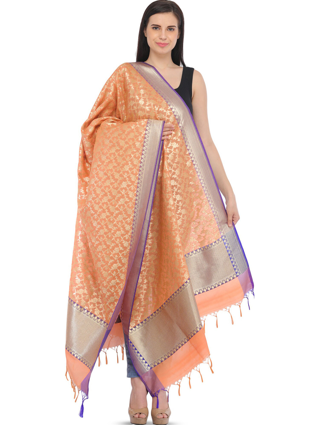 

Exotic India Coral Reef Banarasi Brocaded Zari Thread Silk Dupatta with Floral Weave, Peach