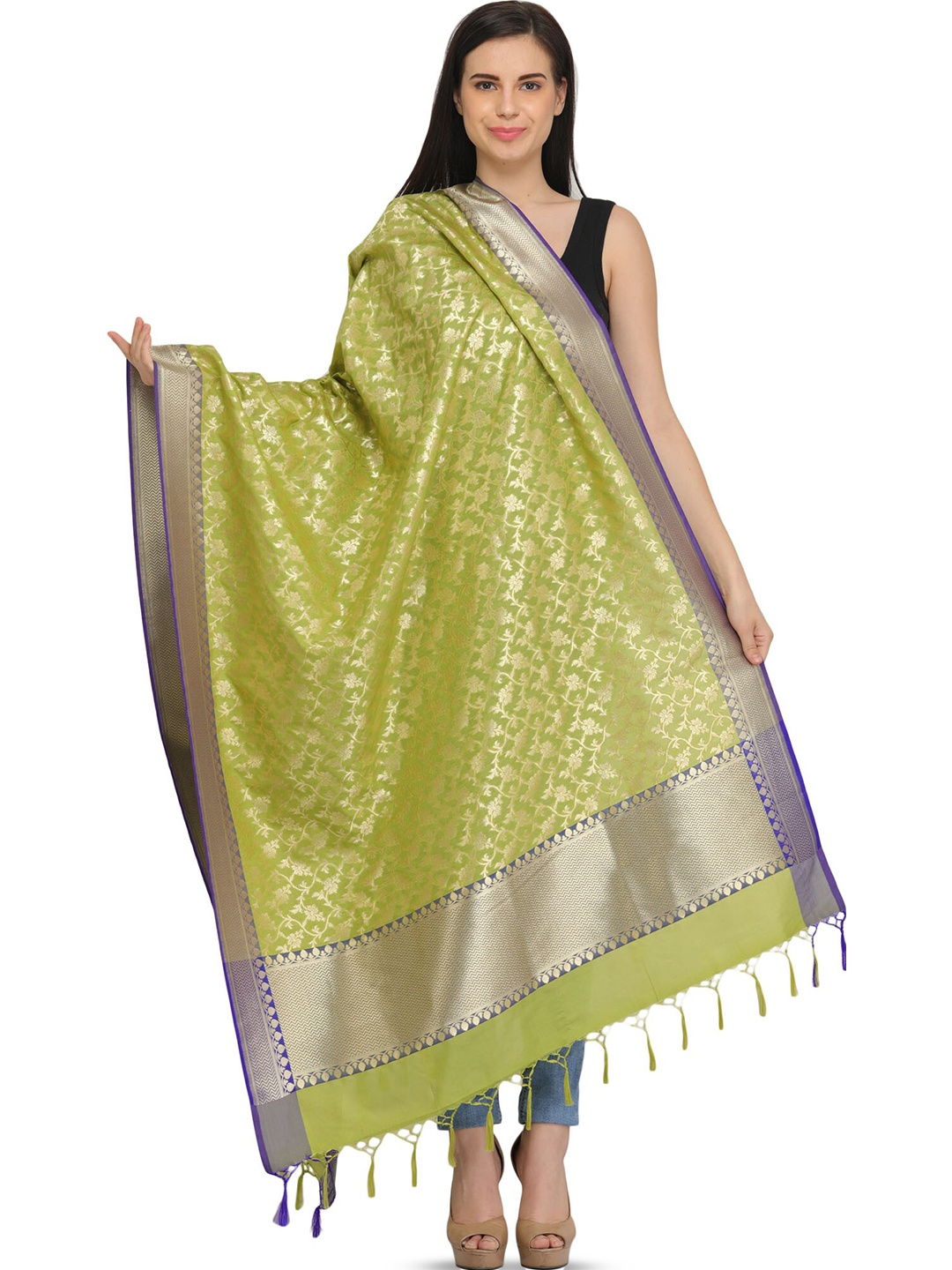 

Exotic India Woven Design Banarasi Brocade Silk Dupatta with Zari, Green