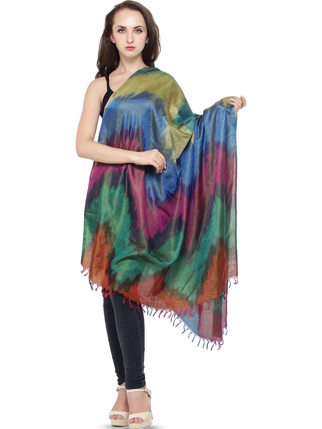 

Exotic India Paisley Woven Designed Pure Silk Dupatta, Blue