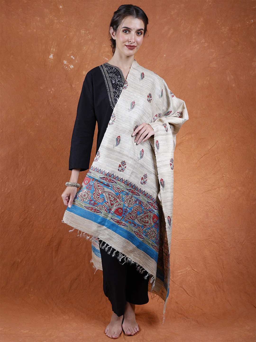 

Exotic India Warm Sand Hand-Painted Fishes Khadi Silk Madhubani Dupatta, Beige