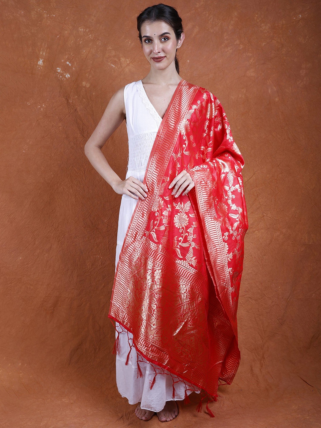 

Exotic India Flamescarlet Art Silk Brocaded All-Over Floral Vine Pattern Banarasi Dupatta, Red