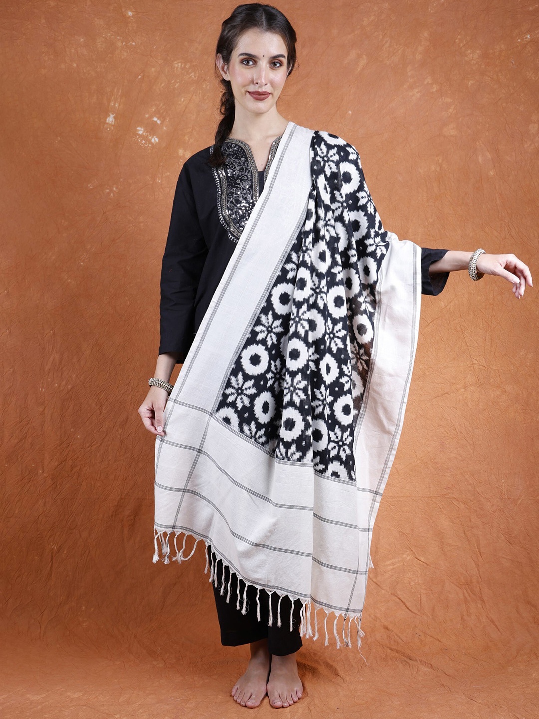 

Exotic India White Black Pure Cotton Double Ikat Pochampally Dupatta