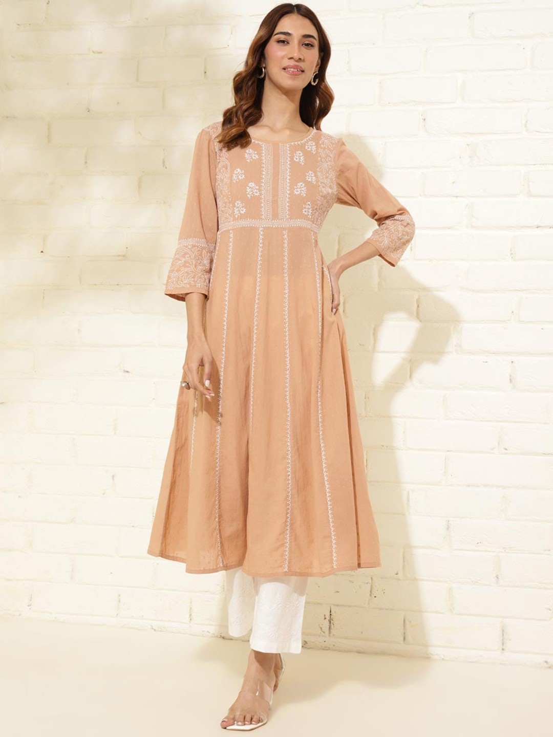 

Fabindia Floral Embroidered Thread Work Cotton Anarkali Kurta, Beige
