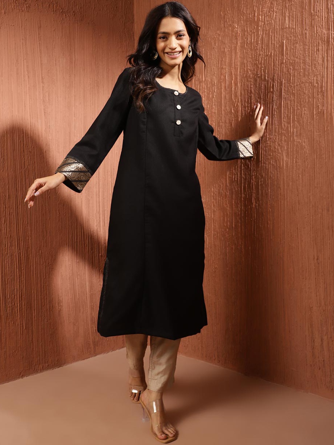 

Fabindia Ethnic Motifs Woven Design A Line Kurta, Black