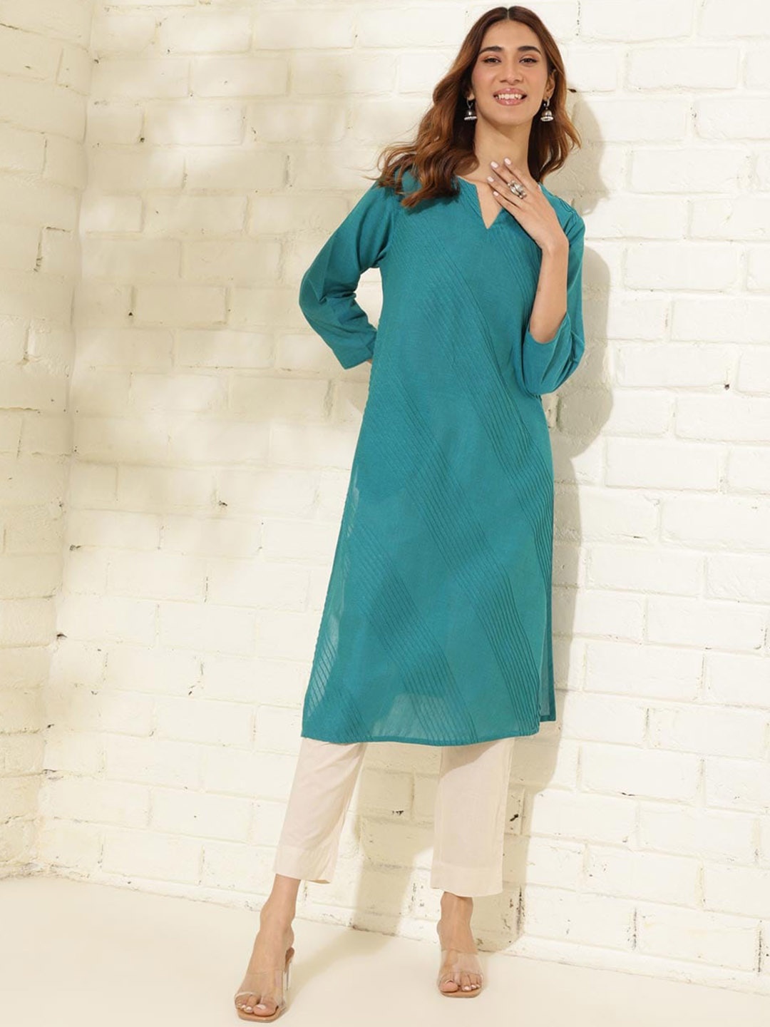

Fabindia Striped Cotton Straigth Kurta, Teal