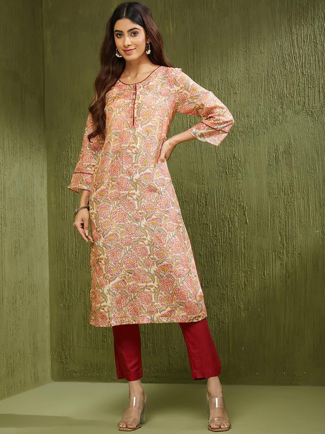 

Fabindia Floral Printed Round Neck Straight Kurta, Beige
