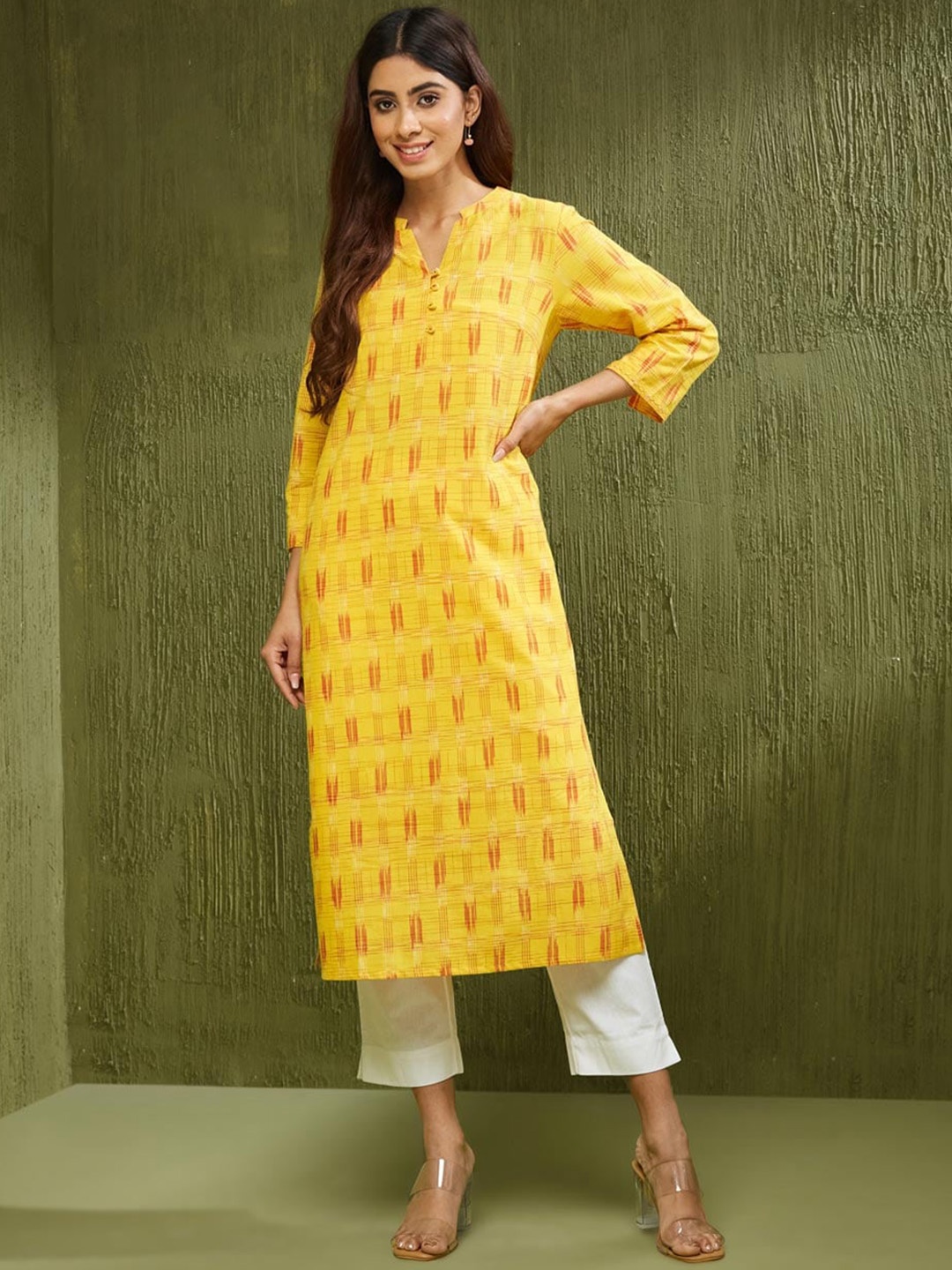 

Fabindia Band Collar Cotton Ikat Kurta, Yellow