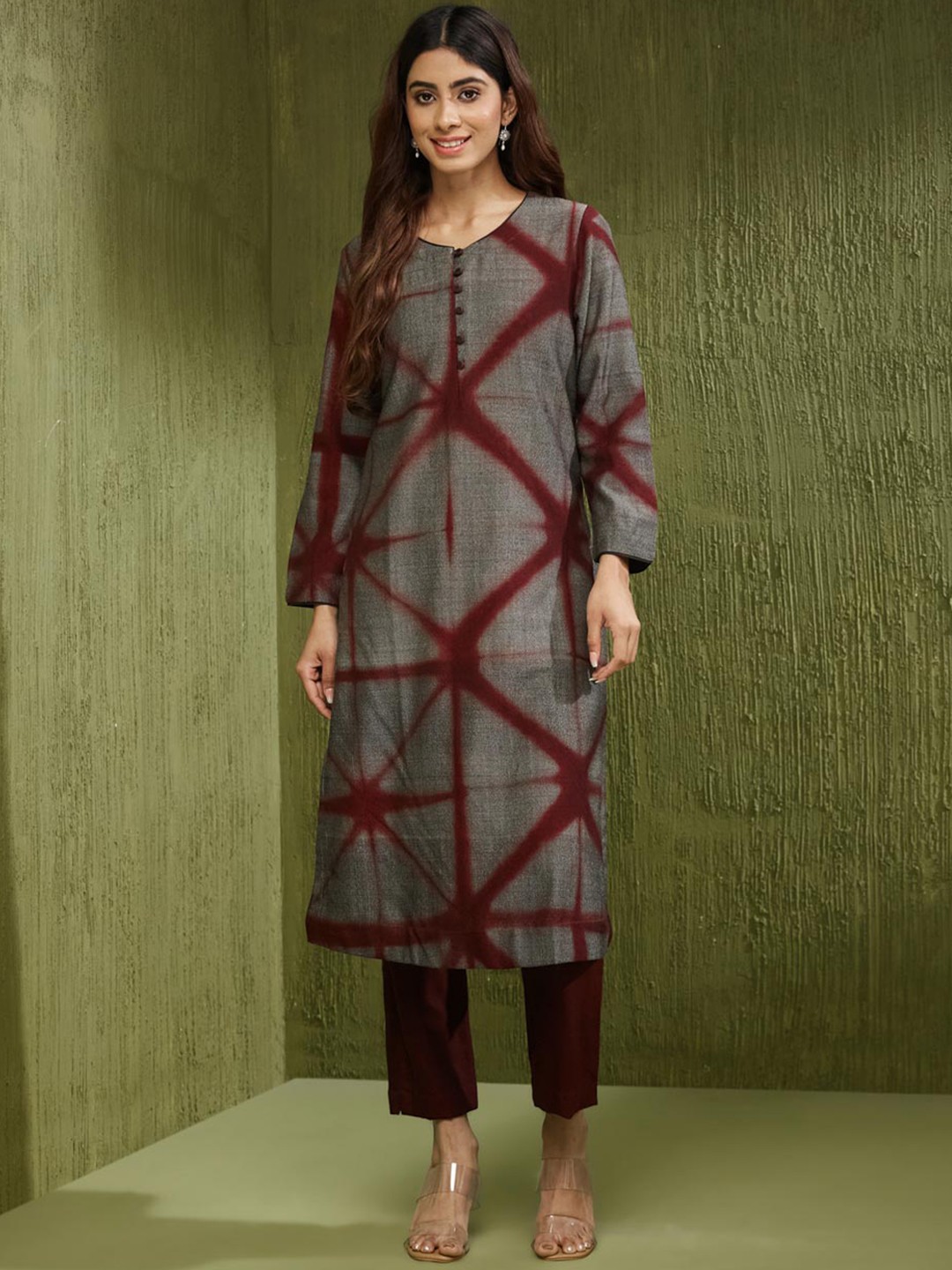 

Fabindia Geometric Printed Woollen A-Line Kurta, Grey