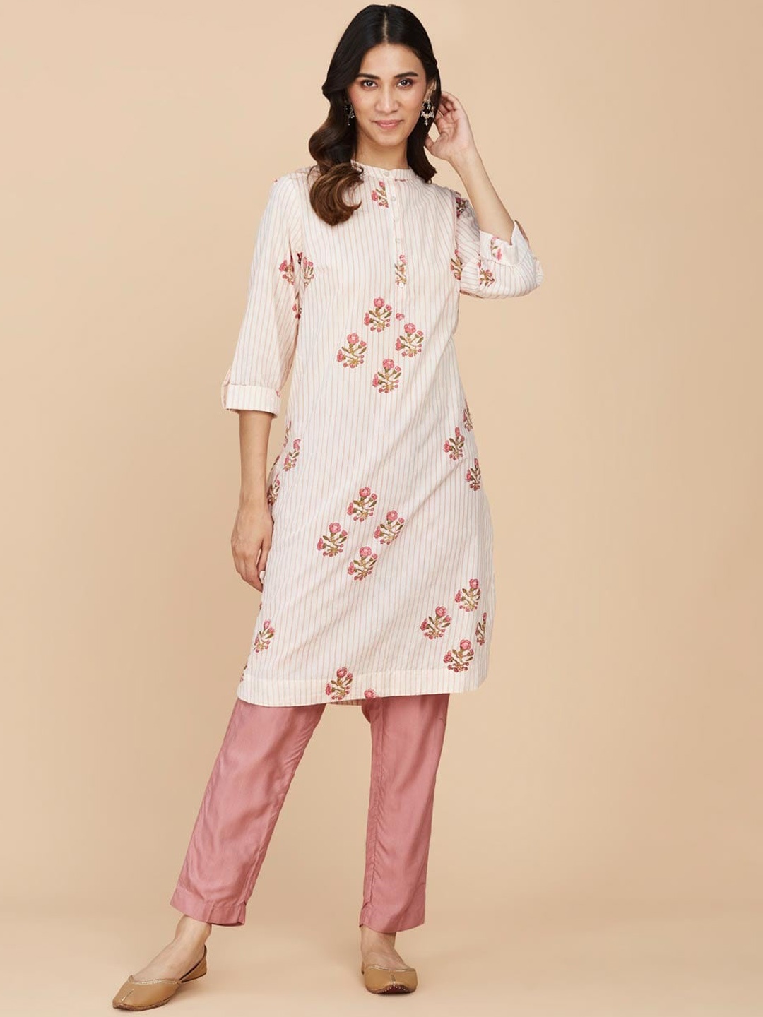 

Fabindia Floral Printed Mandarin Collar Cotton A-Line Kurta, Pink