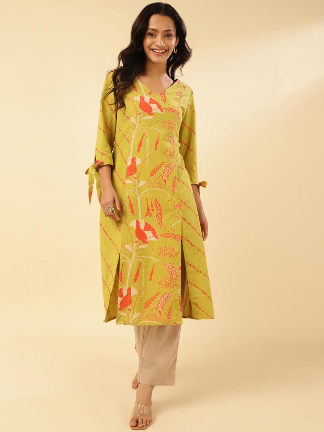 

Fabindia V Neck Printed Cotton Straight Kurta, Lime green