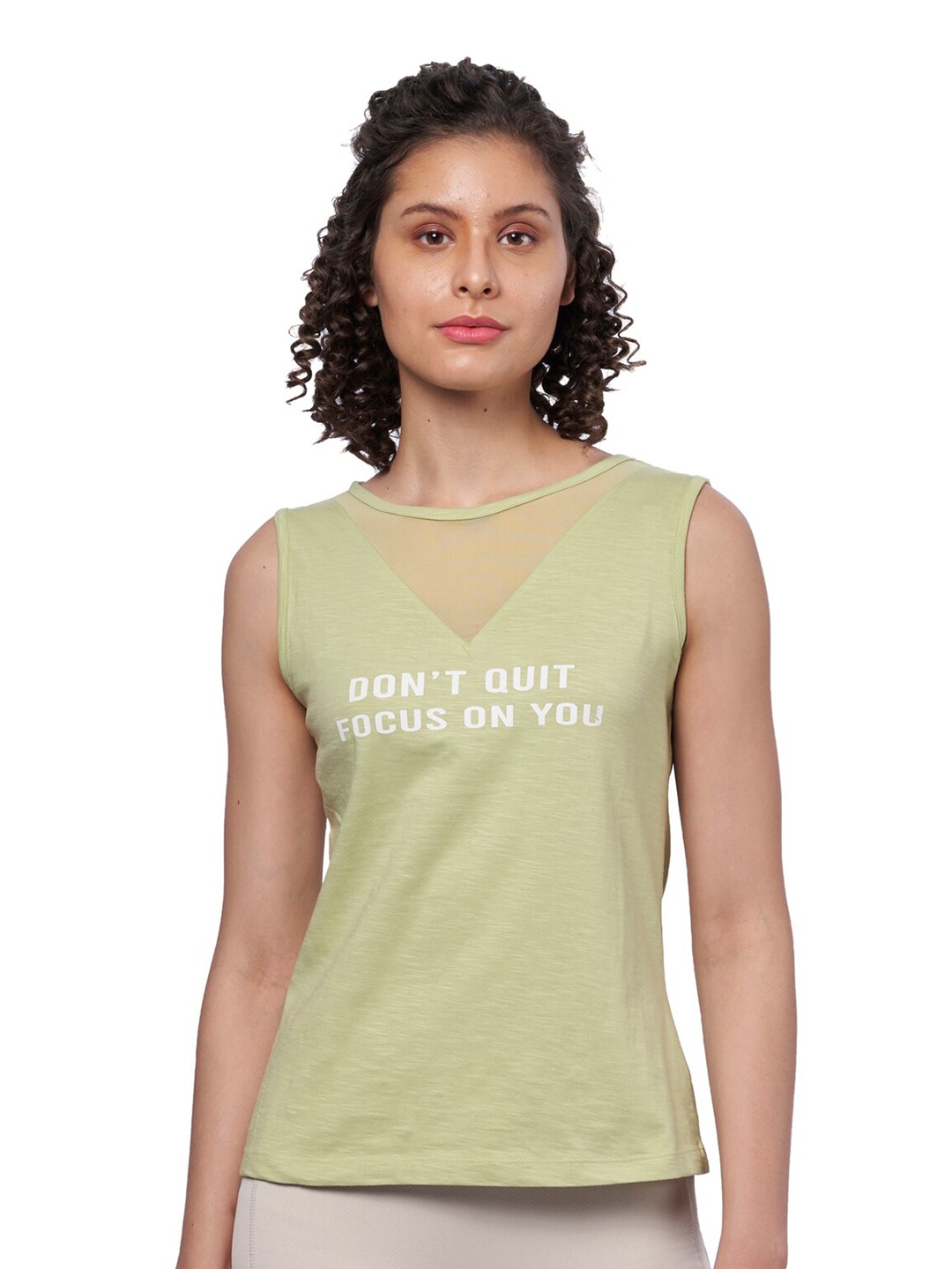 

DOMIN8 Typography Printed Round Neck Sleeveless Pure Cotton Applique T-shirt, Green